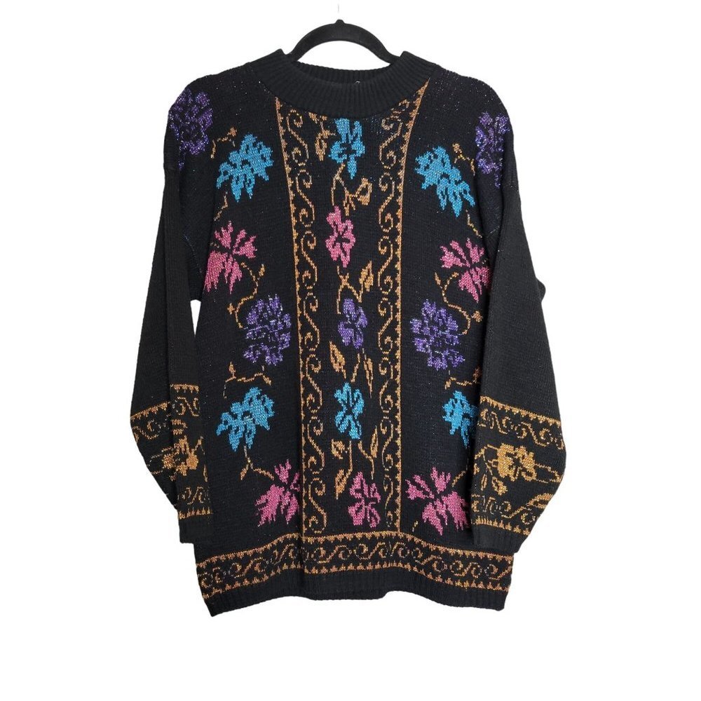 Vintage‎ 80s Womens Black Floral Knit Sweater Sparkle Pullover Sweater